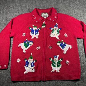 Vintage Tiara International Snowman Holiday Festive Zip Cardigan Red Sweater M